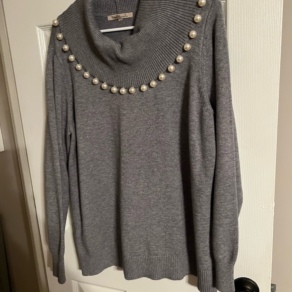 Gray Sweater with Pearl Accents